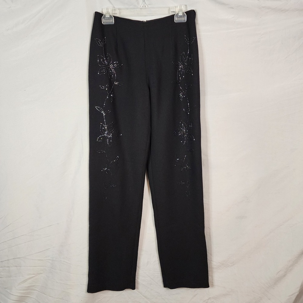 Vtg NIKI LIVAS Size 6 Black Beaded Floral‎ Design Mid Rise Formal Occasion Pants